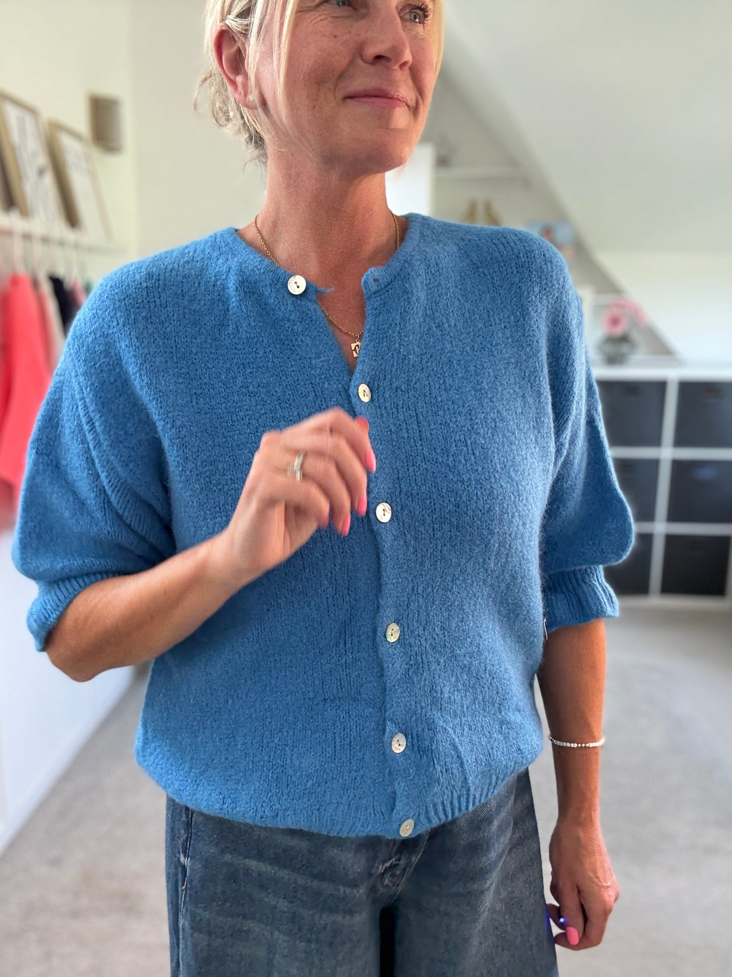 Cornflower Blue Fluffy 1/2 Frill Sleeve Cardigan