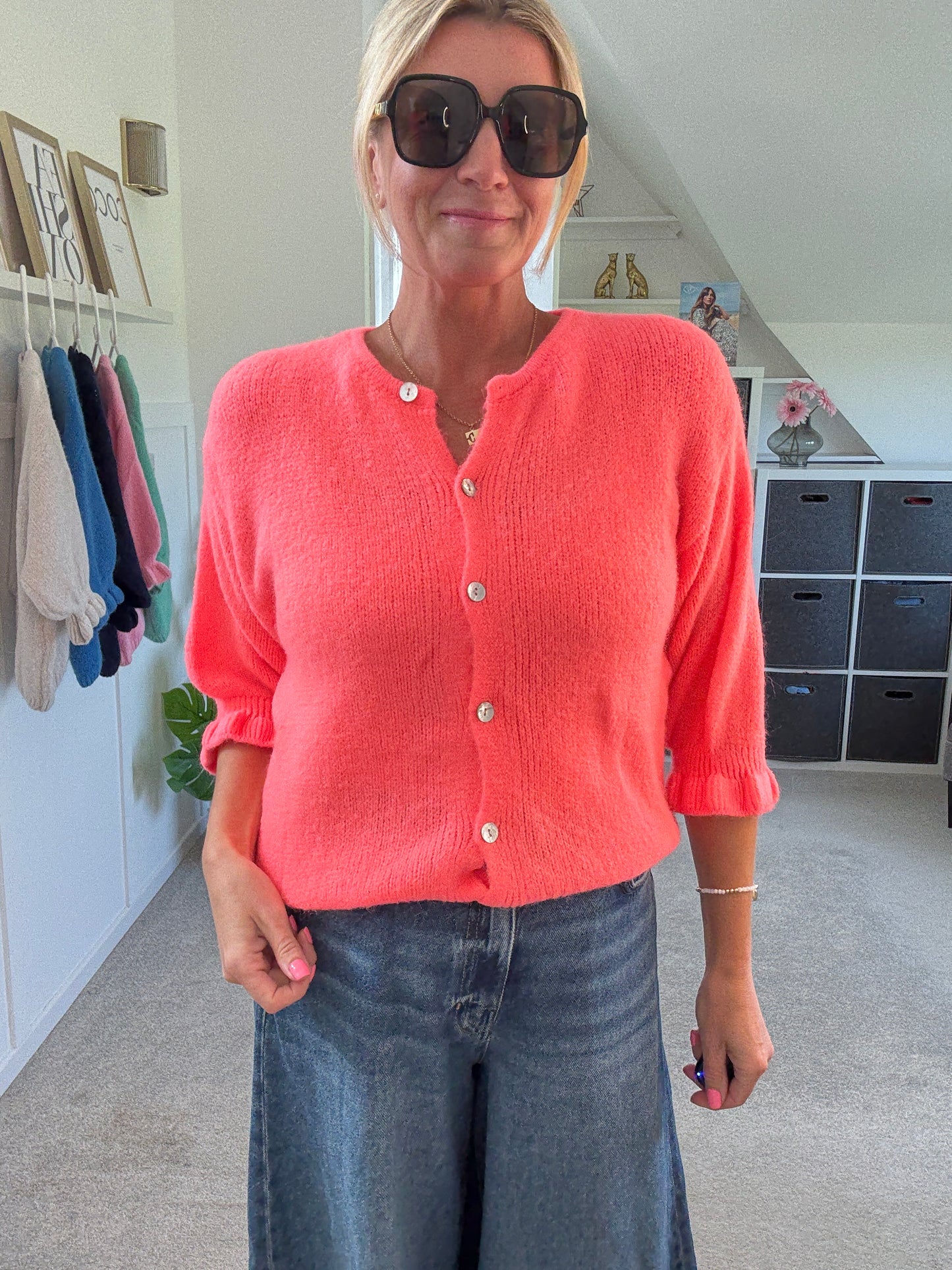 Neon Coral Fluffy 1/2 Frill Sleeve Cardigan