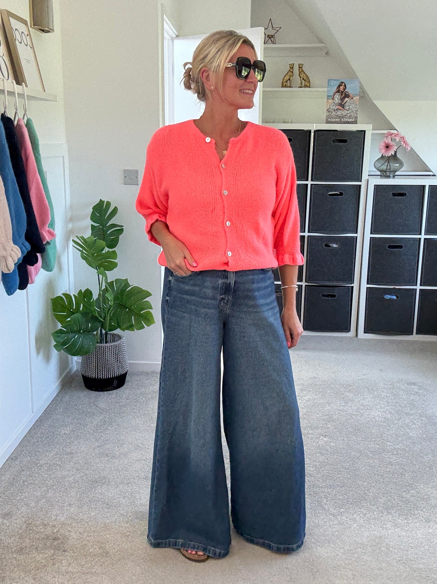 Neon Coral Fluffy 1/2 Frill Sleeve Cardigan