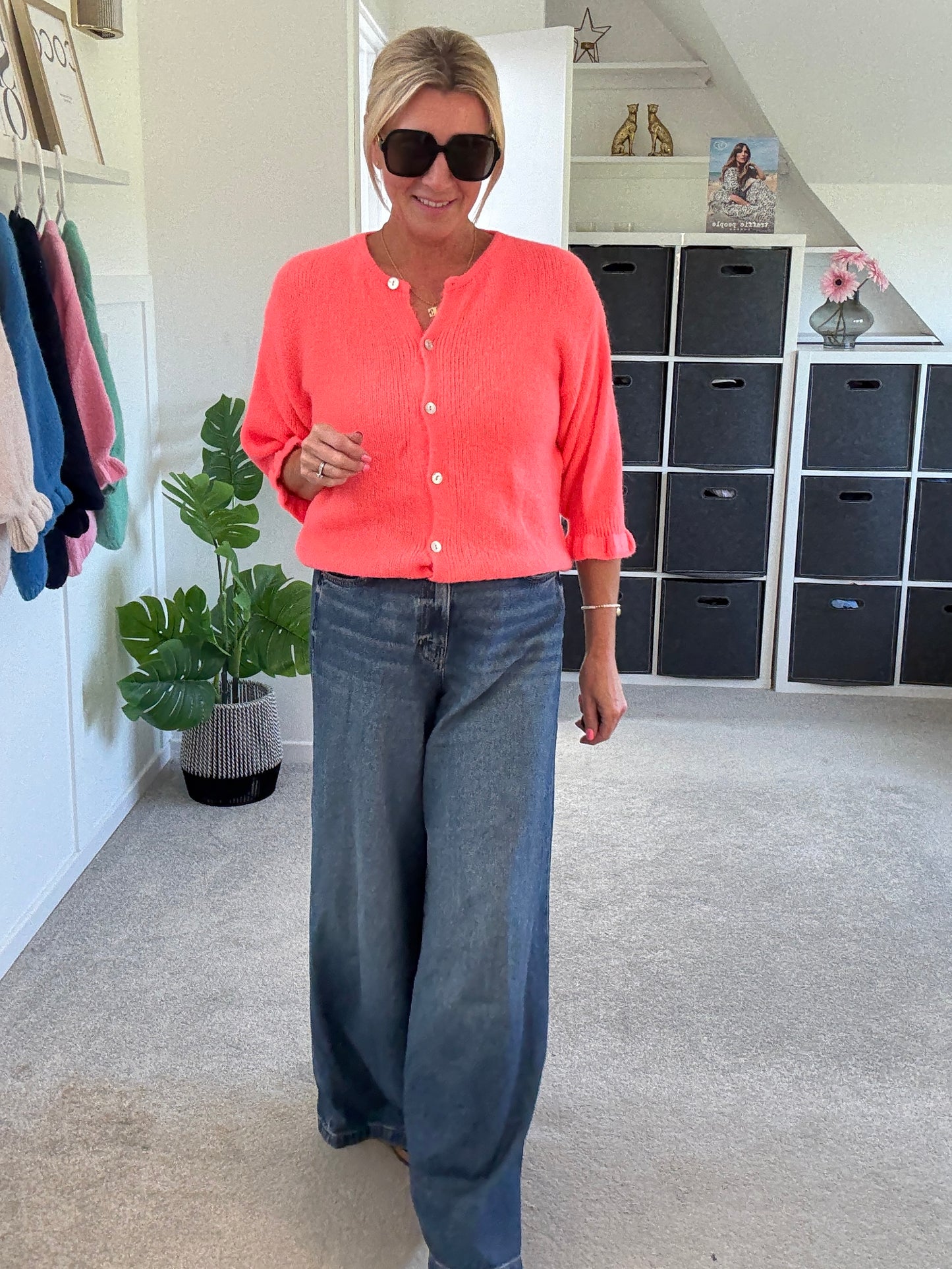 Neon Coral Fluffy 1/2 Frill Sleeve Cardigan