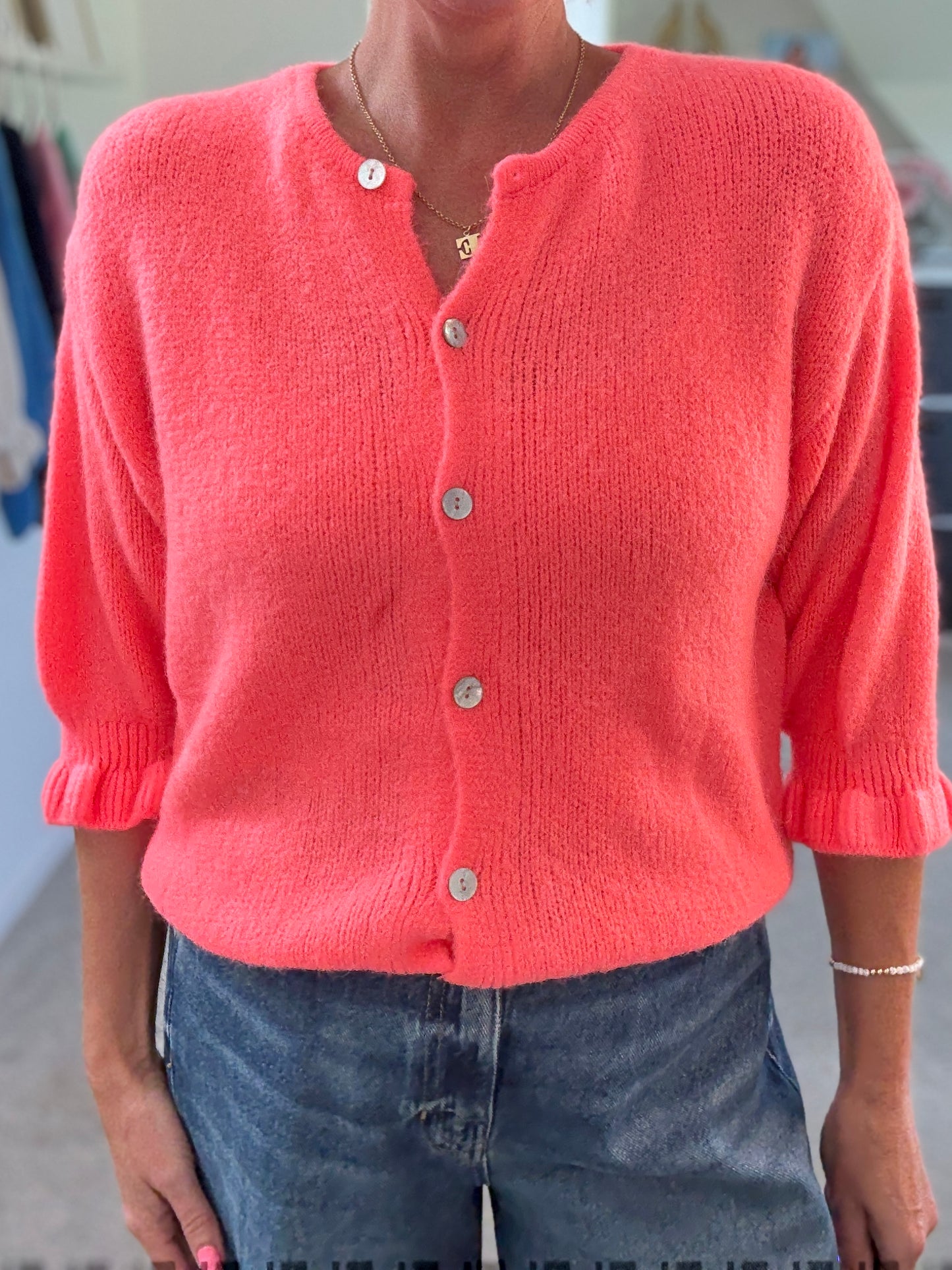 Neon Coral Fluffy 1/2 Frill Sleeve Cardigan