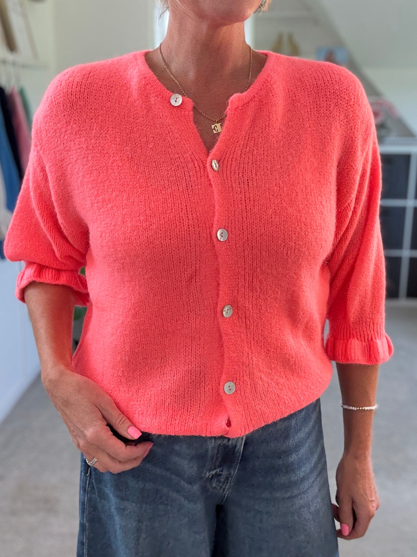 Neon Coral Fluffy 1/2 Frill Sleeve Cardigan