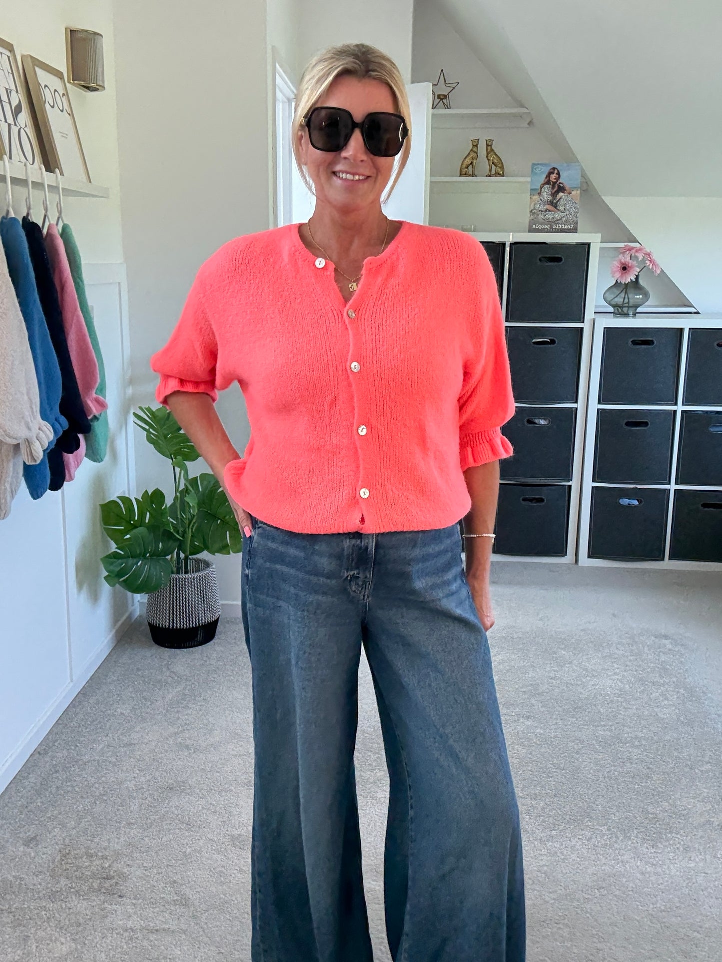 Neon Coral Fluffy 1/2 Frill Sleeve Cardigan