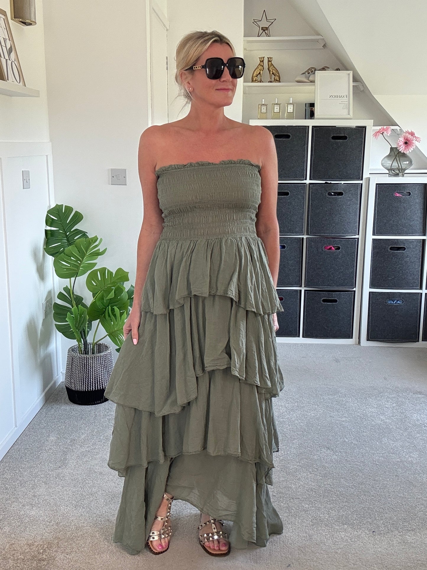 Khaki Ruffle Bandeau Dress