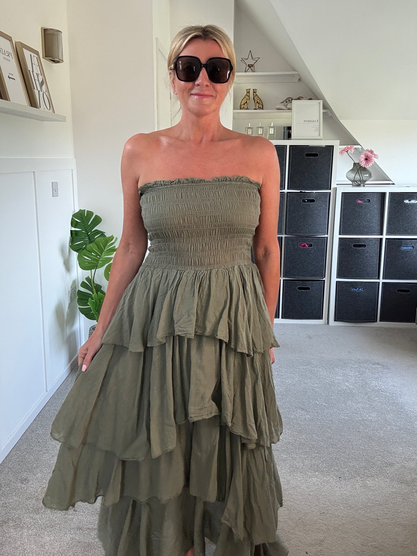 Khaki Ruffle Bandeau Dress