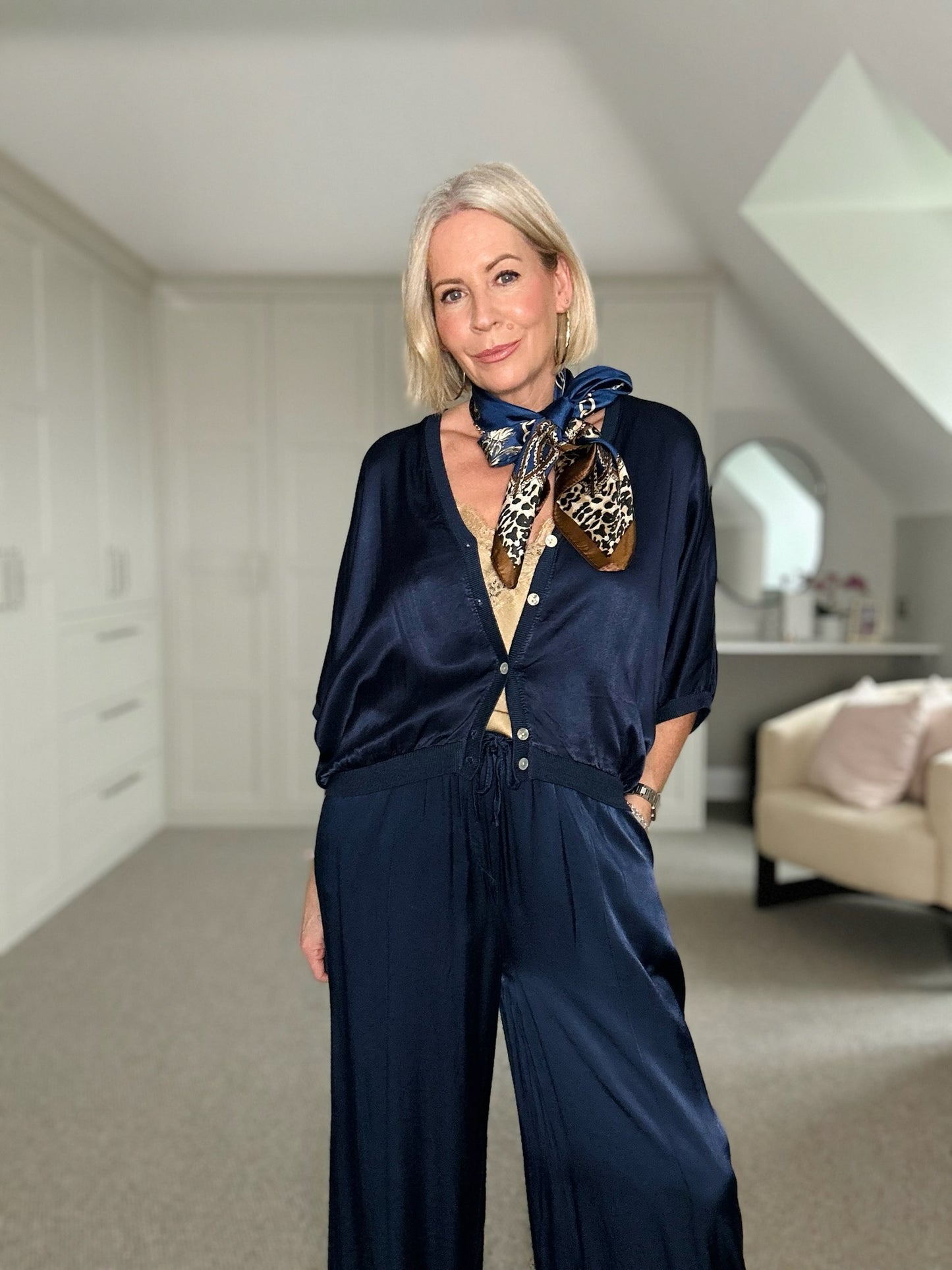 Navy Leopard Print Silk Touch Square Scarf