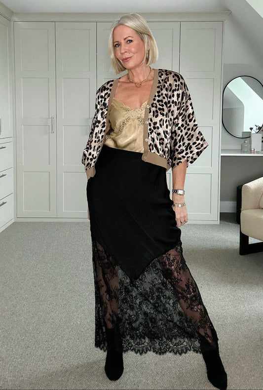 Black Satin Lace Detail Maxi Slip Skirt