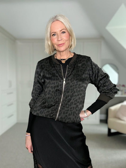 Dark Chocolate Leopard Silk Mix Bomber Jacket