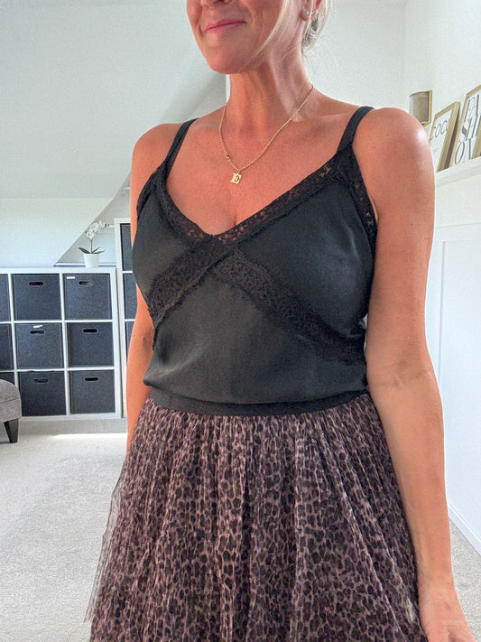 Black Lace Satin Cami Top