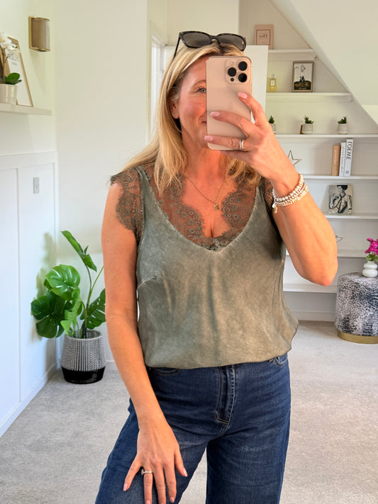 Khaki Satin/Lace V Neck Top
