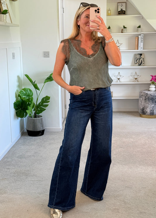 Khaki Satin/Lace V Neck Top