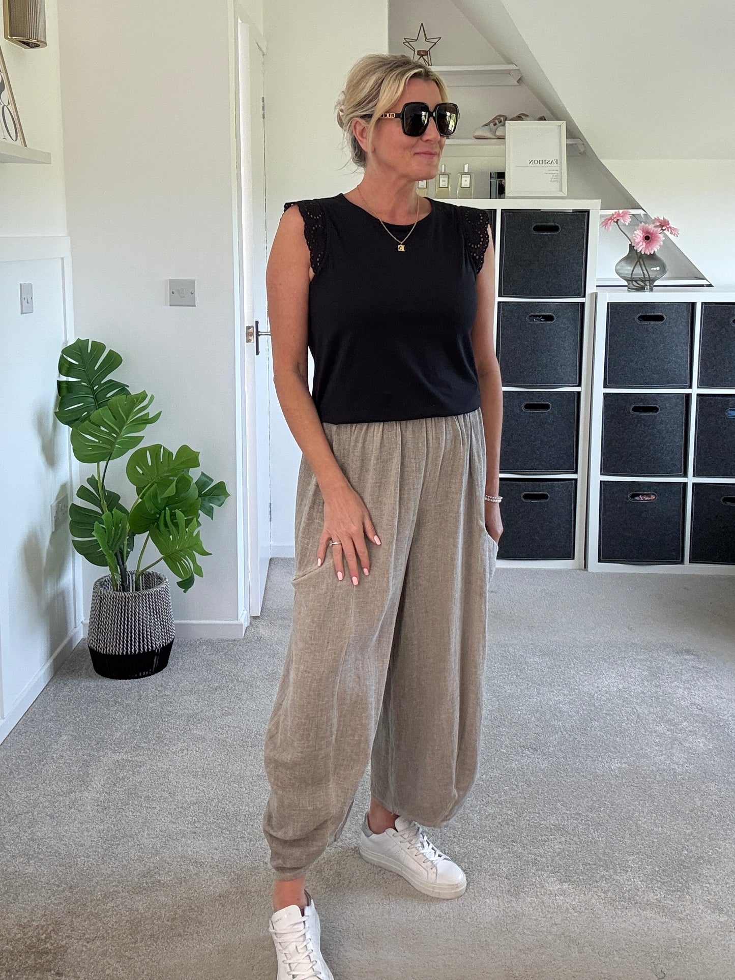 Mocha Washed Linen Barrel Pocket Trousers
