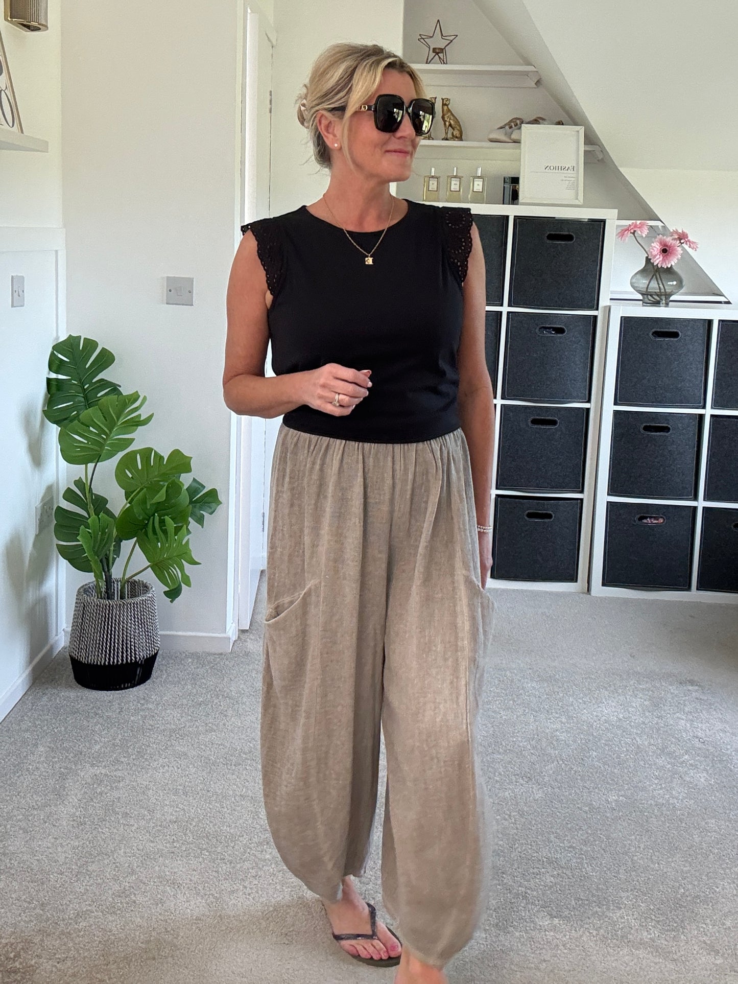 Mocha Washed Linen Barrel Pocket Trousers