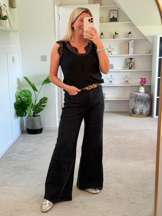 Black Wash Wide Panel Leg Jeans