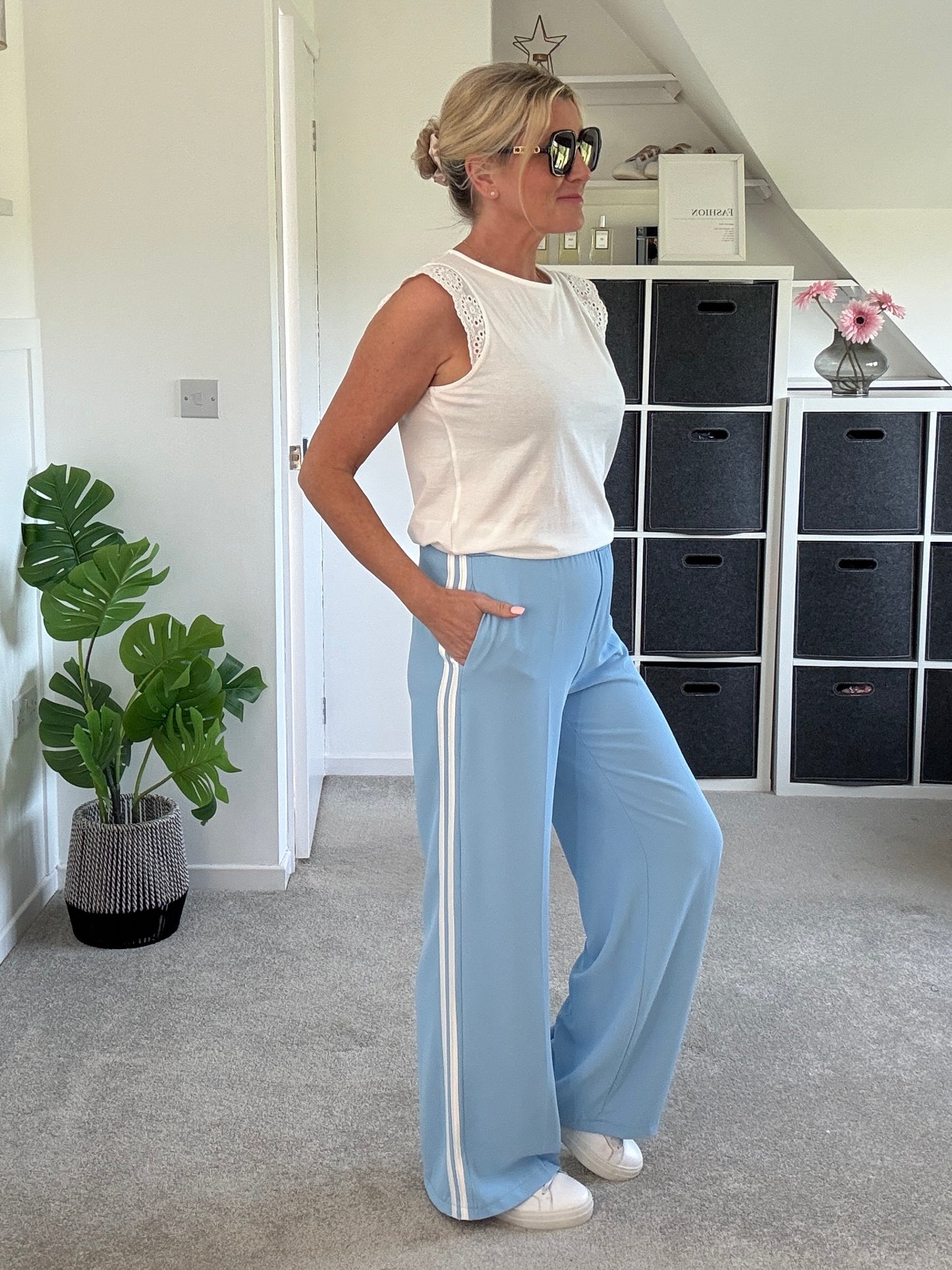 Powder Blue/White Double Stripe Wide Leg Trousers