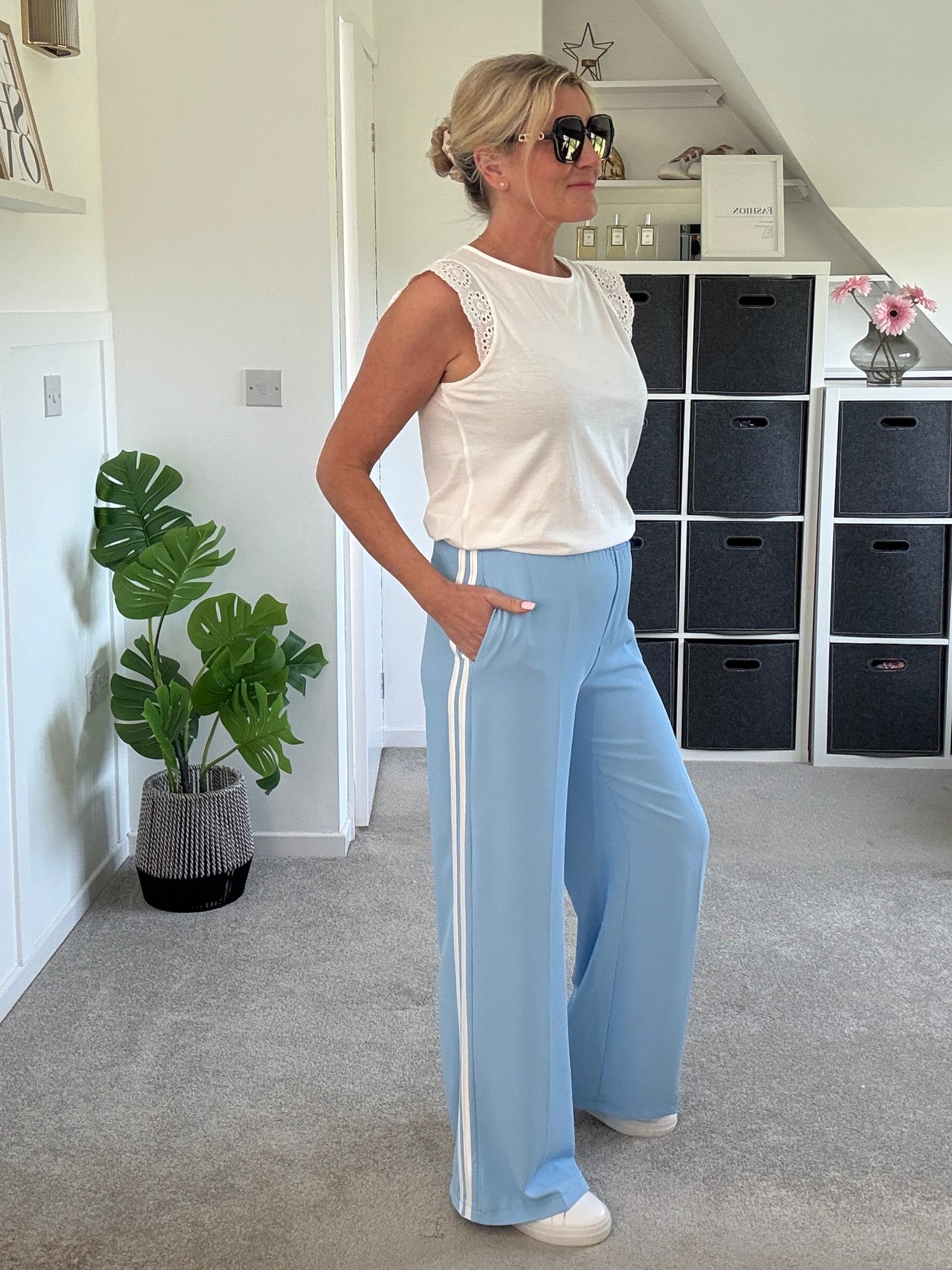 Cream/Mocha Double Stripe Wide Leg Trousers