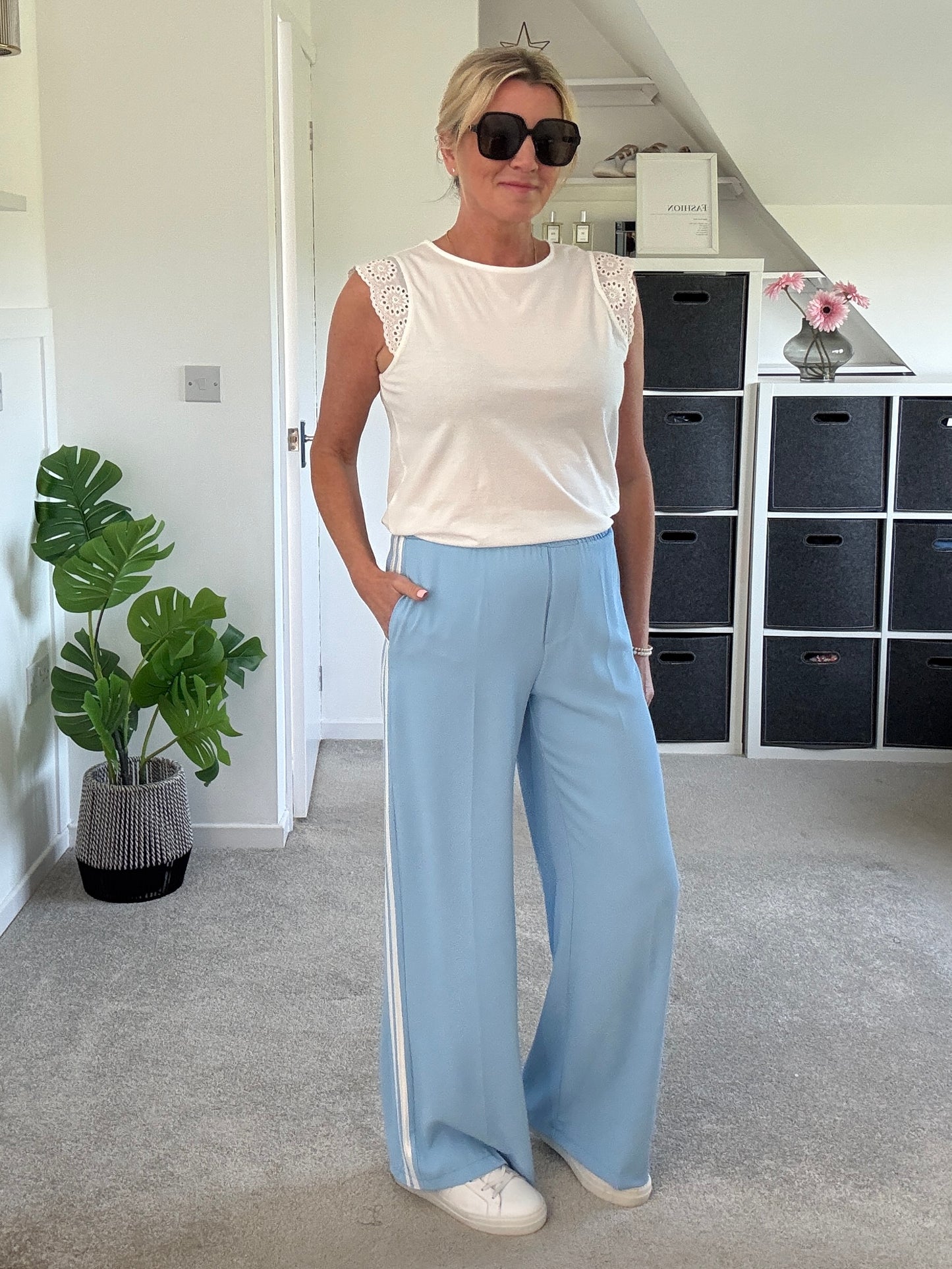 Powder Blue/White Double Stripe Wide Leg Trousers
