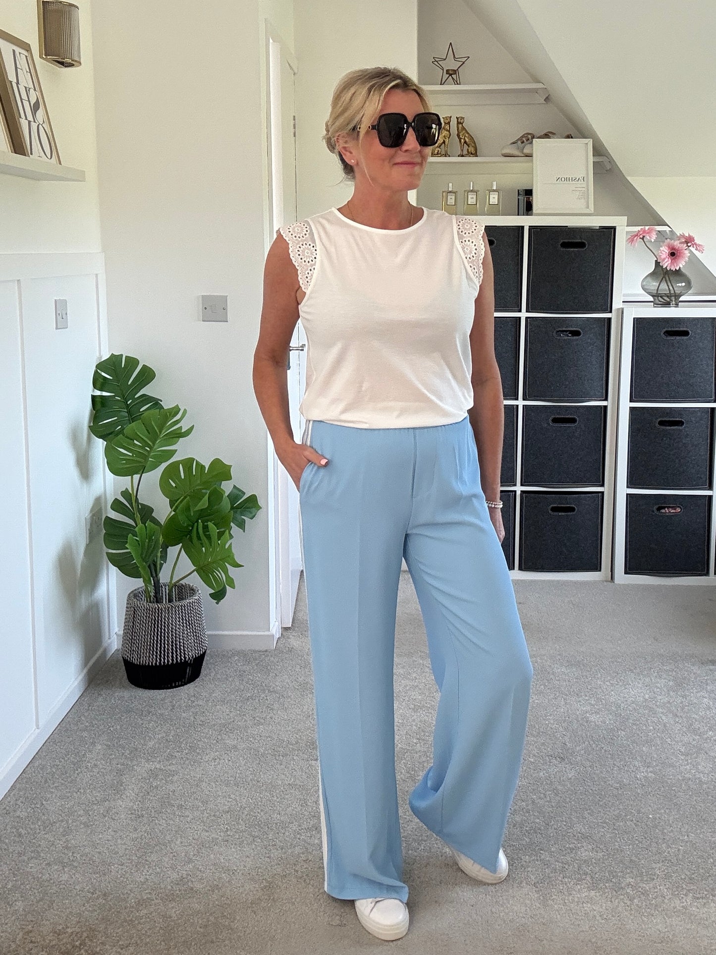 Powder Blue/White Double Stripe Wide Leg Trousers