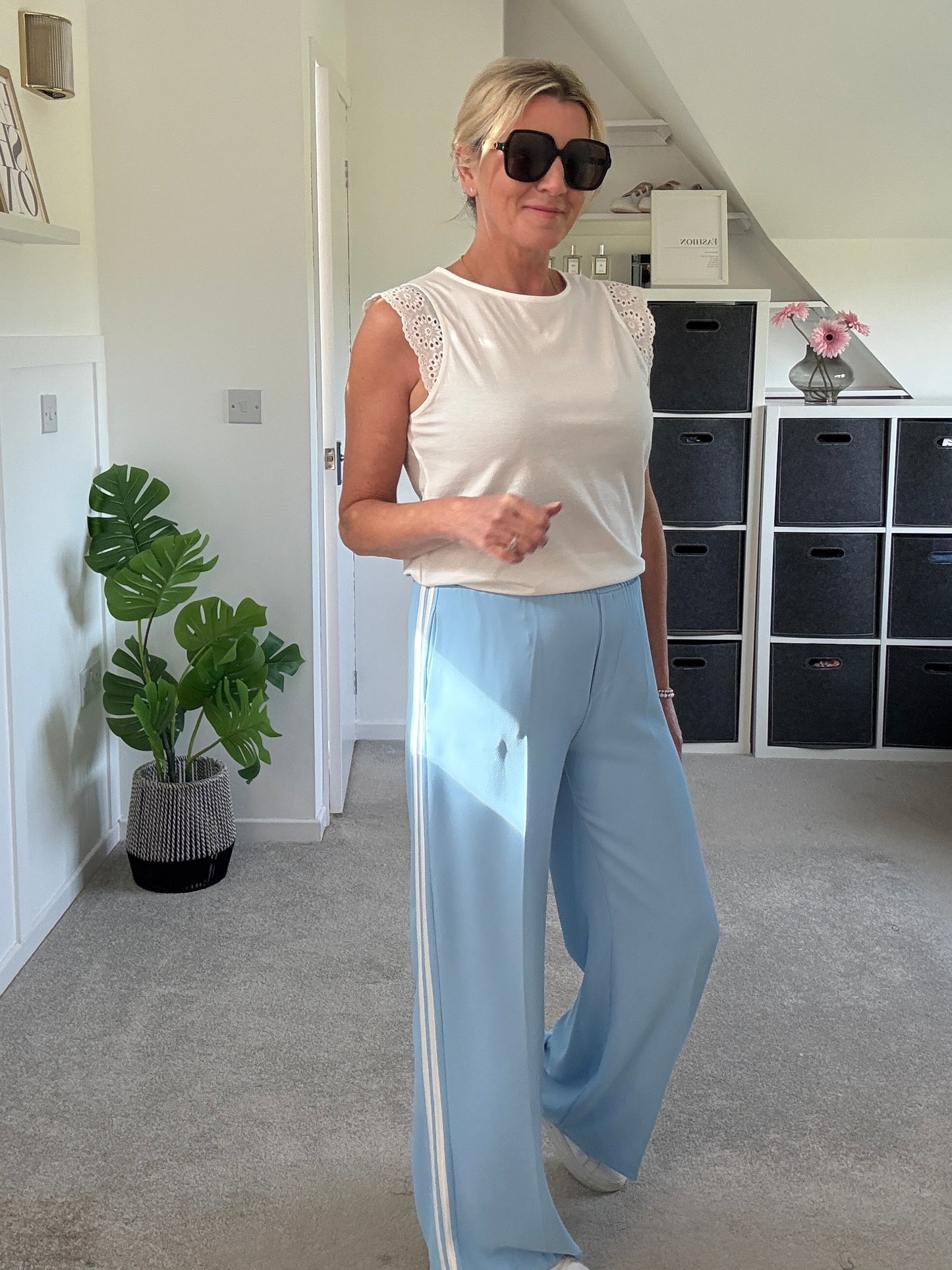 Powder Blue/White Double Stripe Wide Leg Trousers
