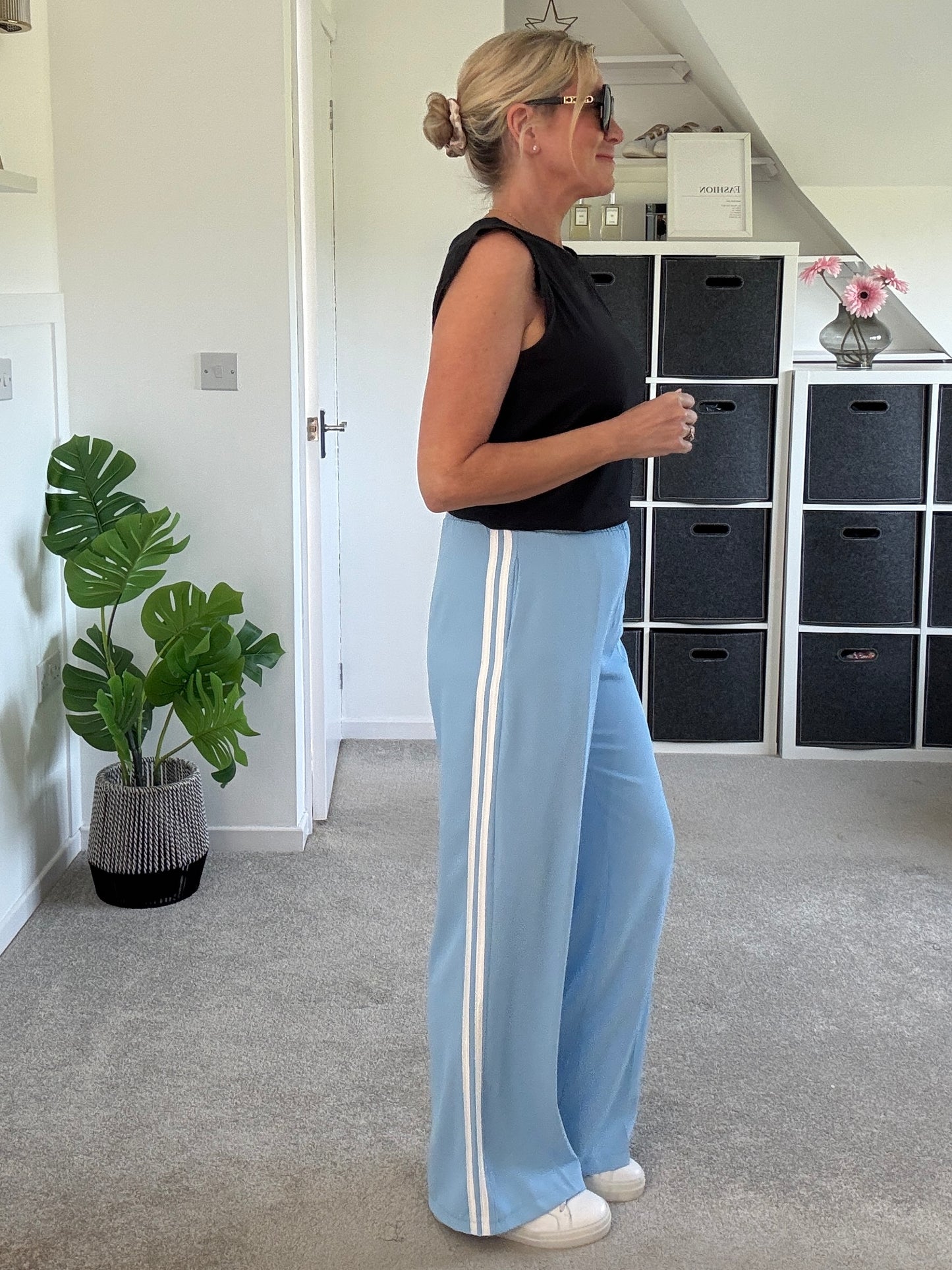 Powder Blue/White Double Stripe Wide Leg Trousers
