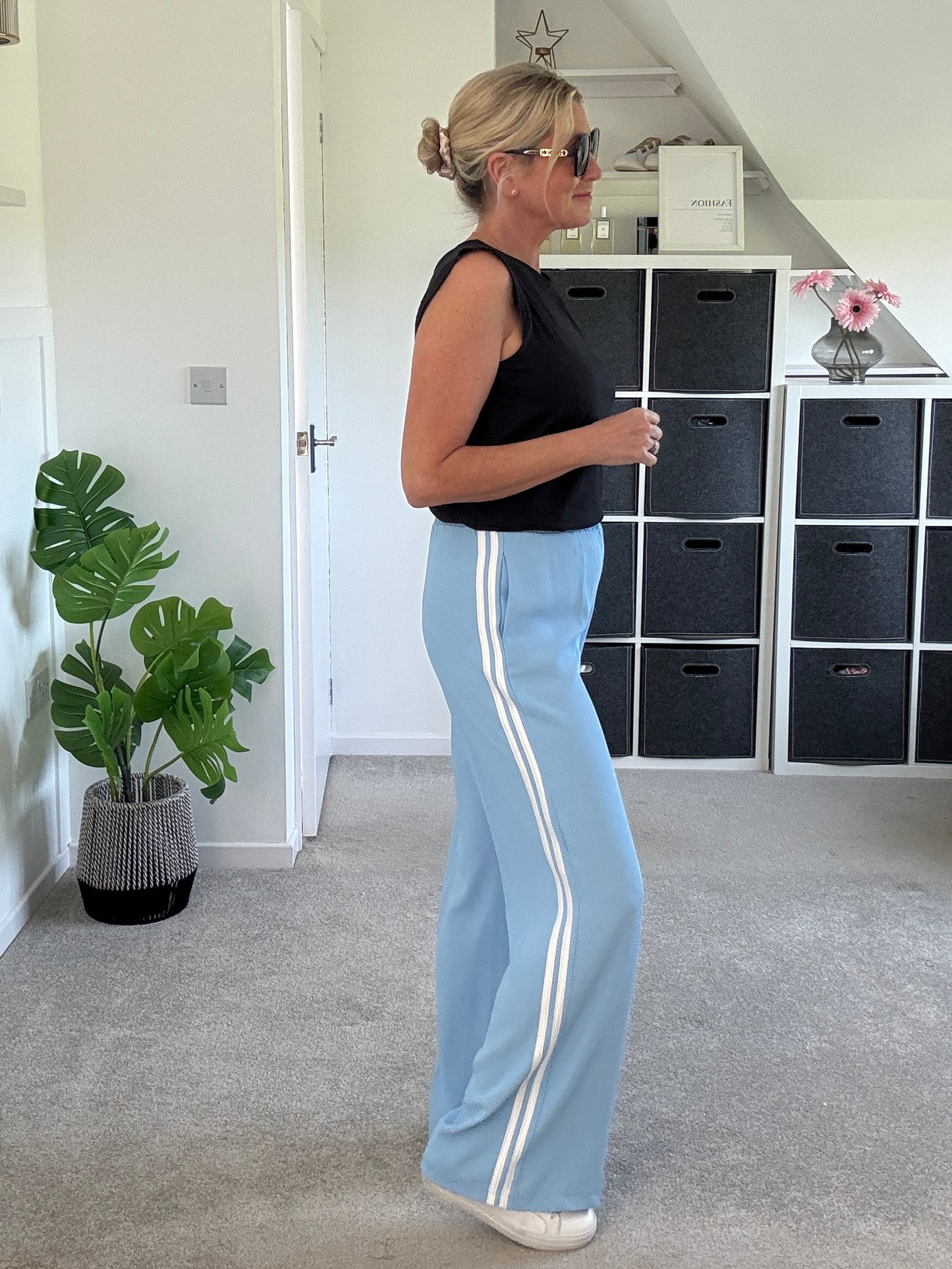 Powder Blue/White Double Stripe Wide Leg Trousers