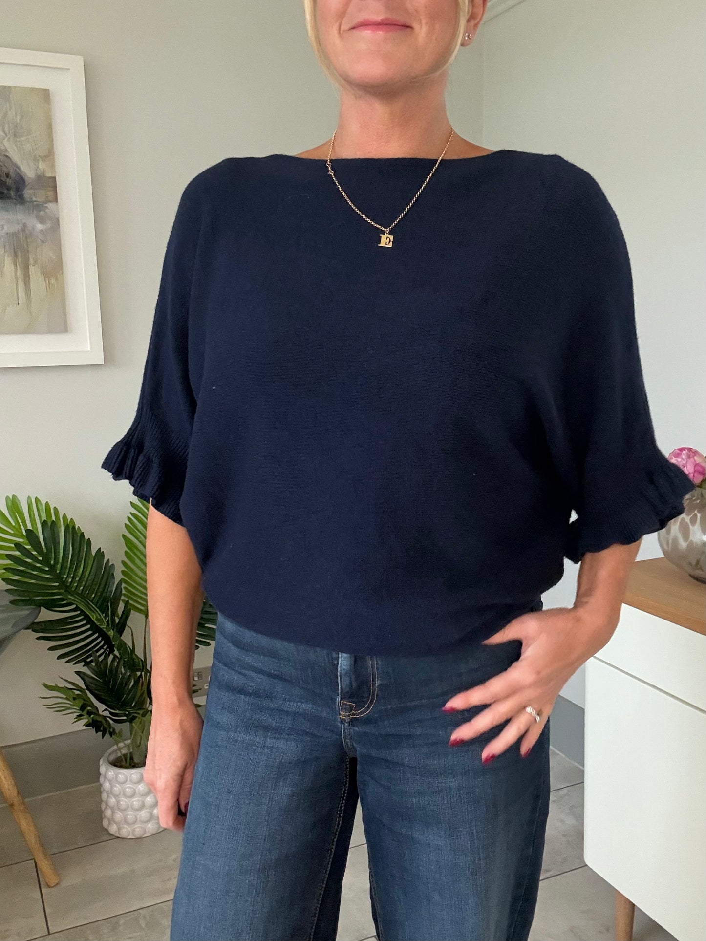 Navy Frill Sleeve Batwing Jumper