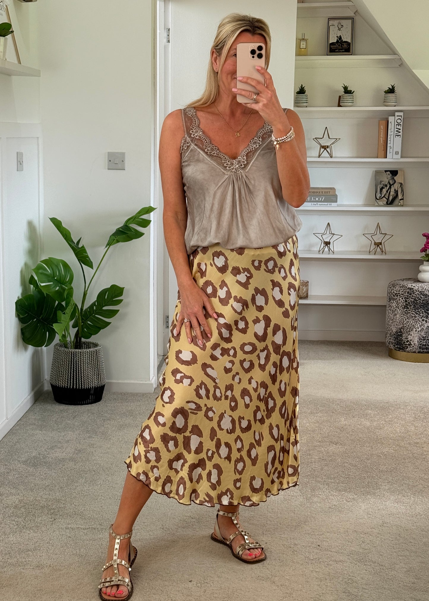 Beige Leopard Satin Slip Skirt