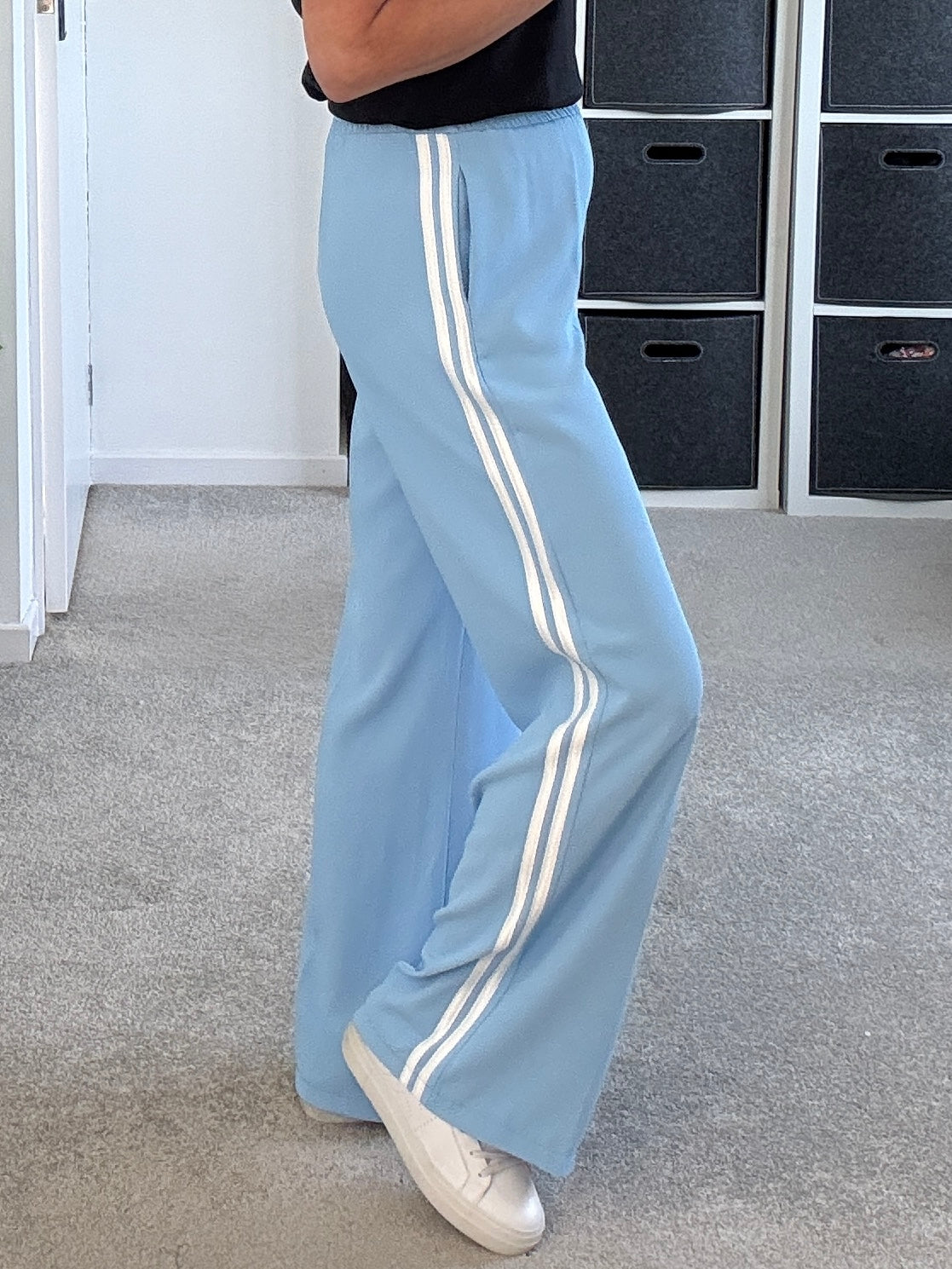 Powder Blue/White Double Stripe Wide Leg Trousers