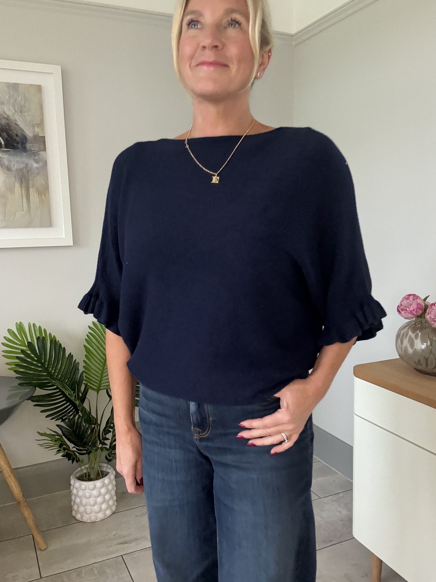 Navy Frill Sleeve Batwing Jumper