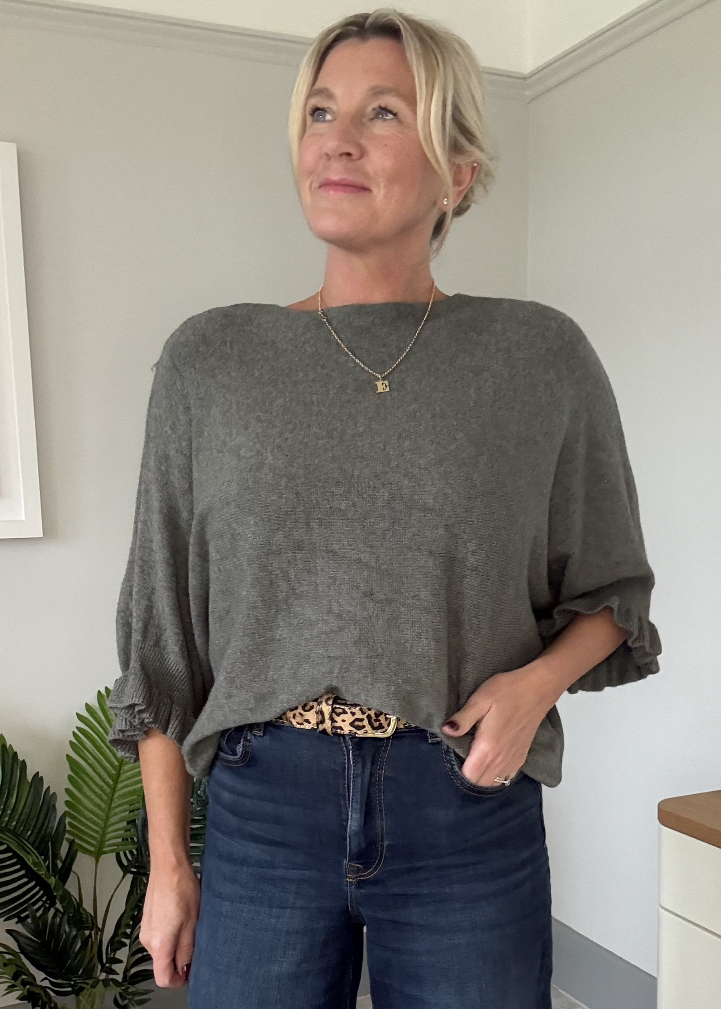 Navy Frill Sleeve Batwing Jumper