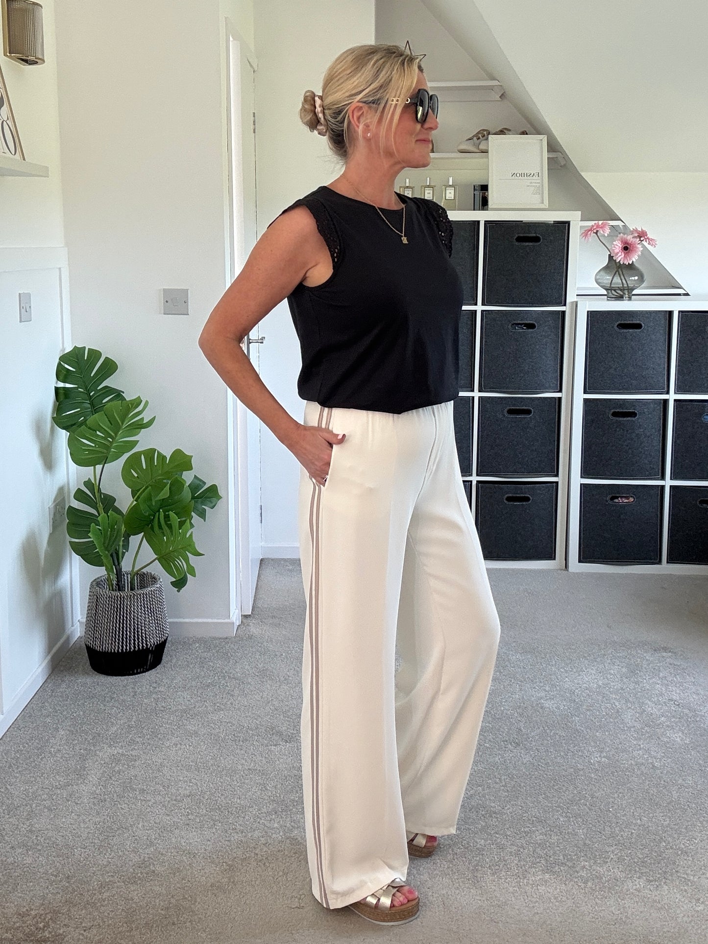 Cream/Mocha Double Stripe Wide Leg Trousers