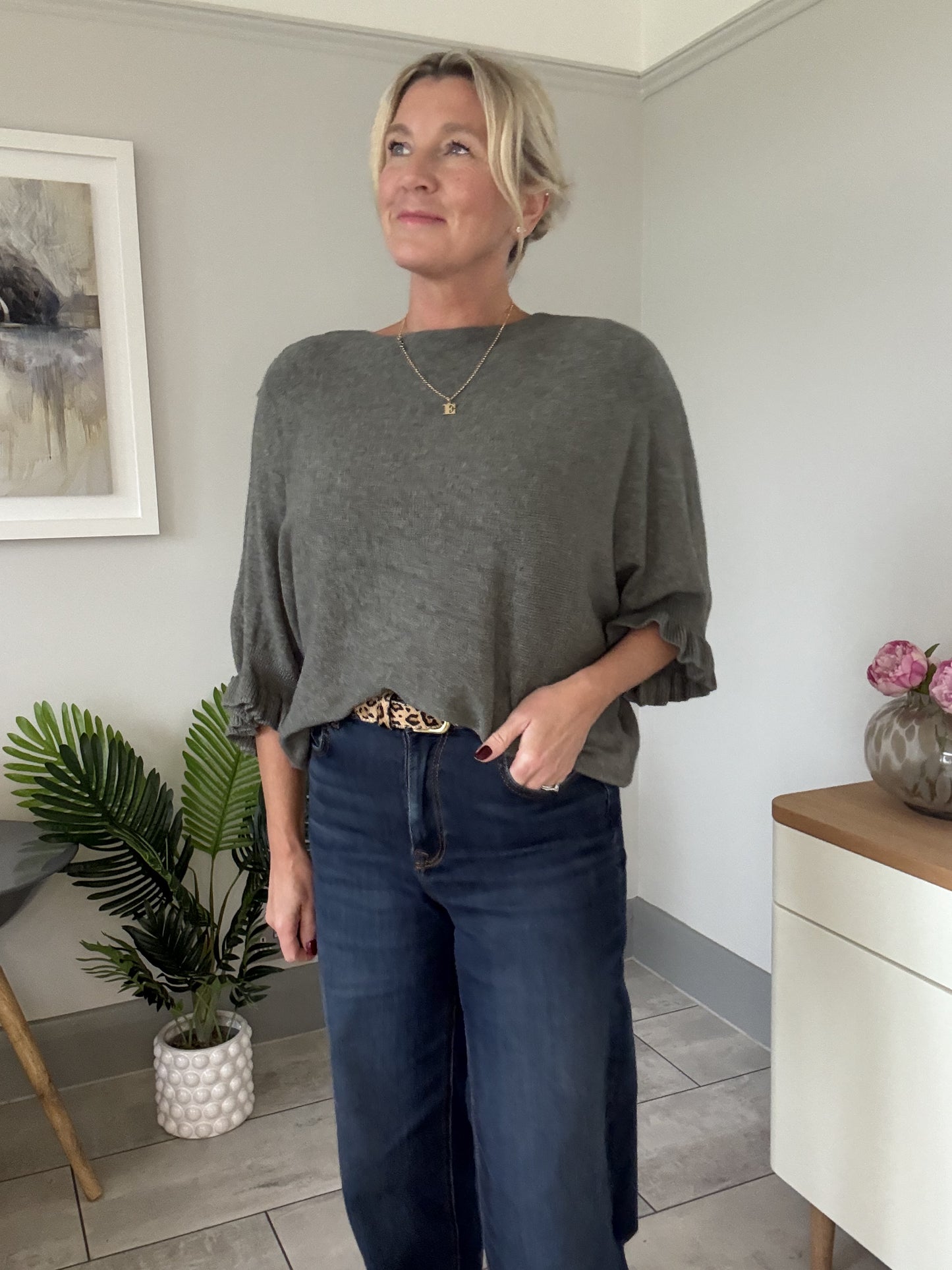 Navy Frill Sleeve Batwing Jumper