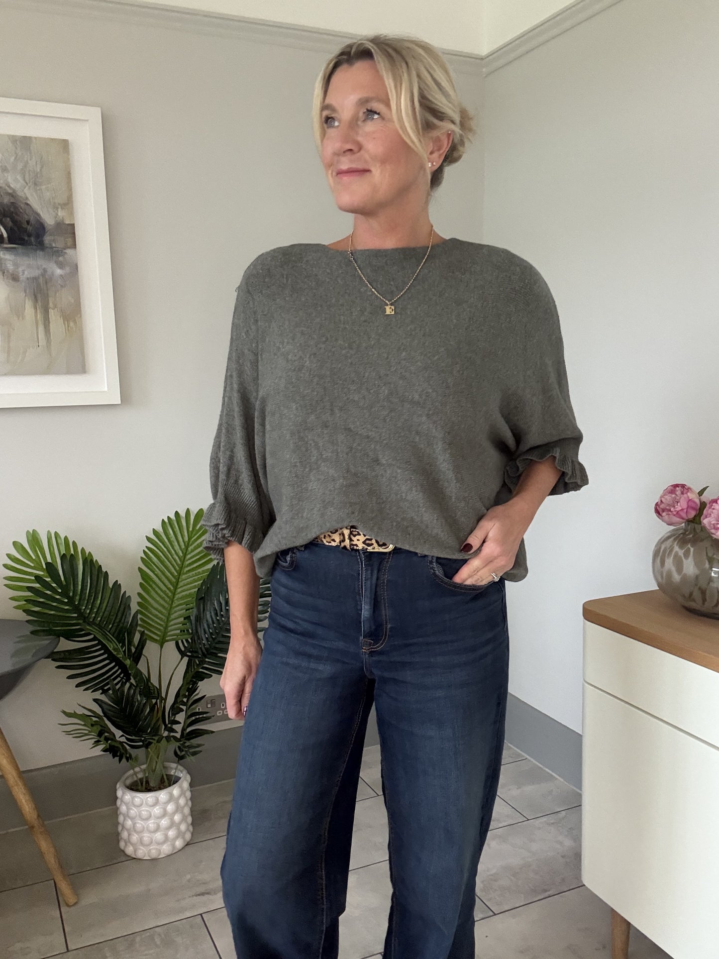 Navy Frill Sleeve Batwing Jumper