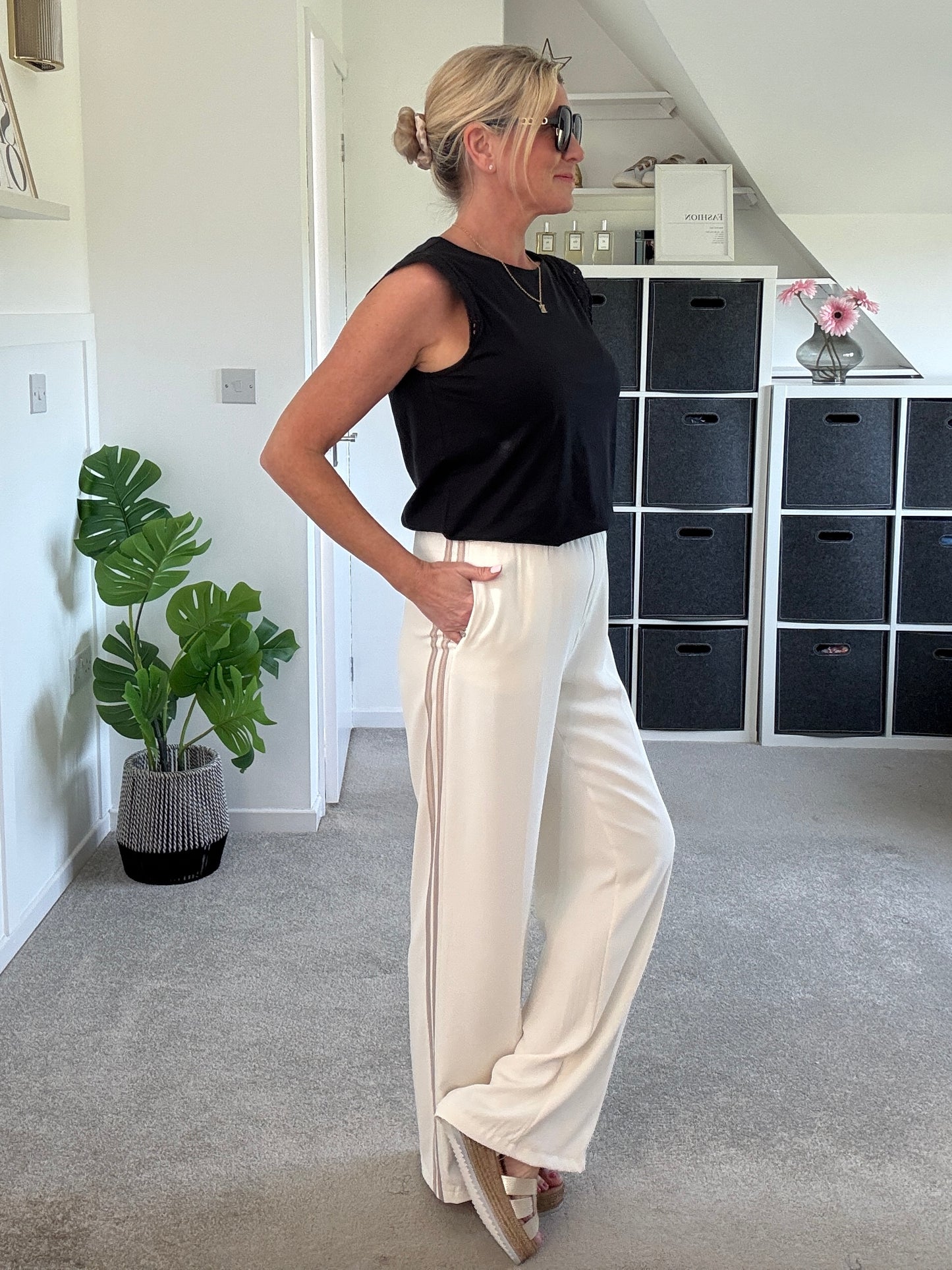 Cream/Mocha Double Stripe Wide Leg Trousers