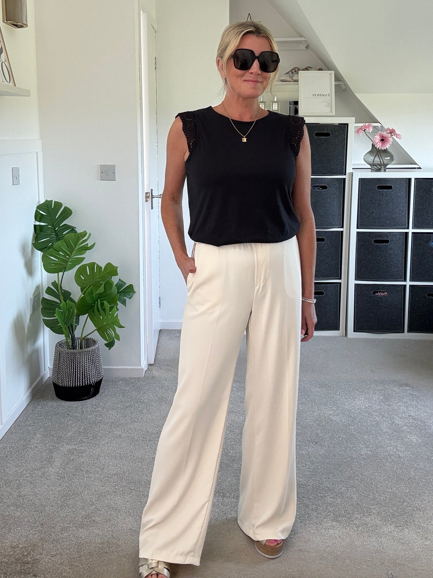 Cream/Mocha Double Stripe Wide Leg Trousers