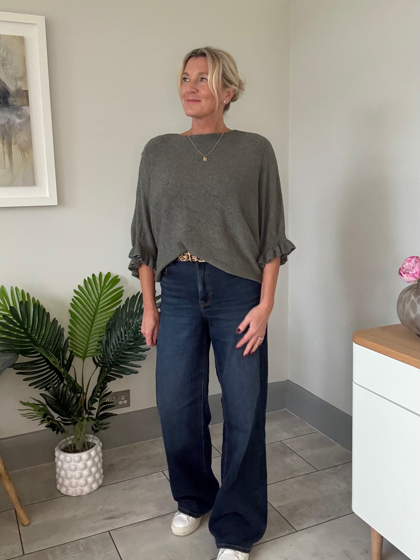 Navy Frill Sleeve Batwing Jumper