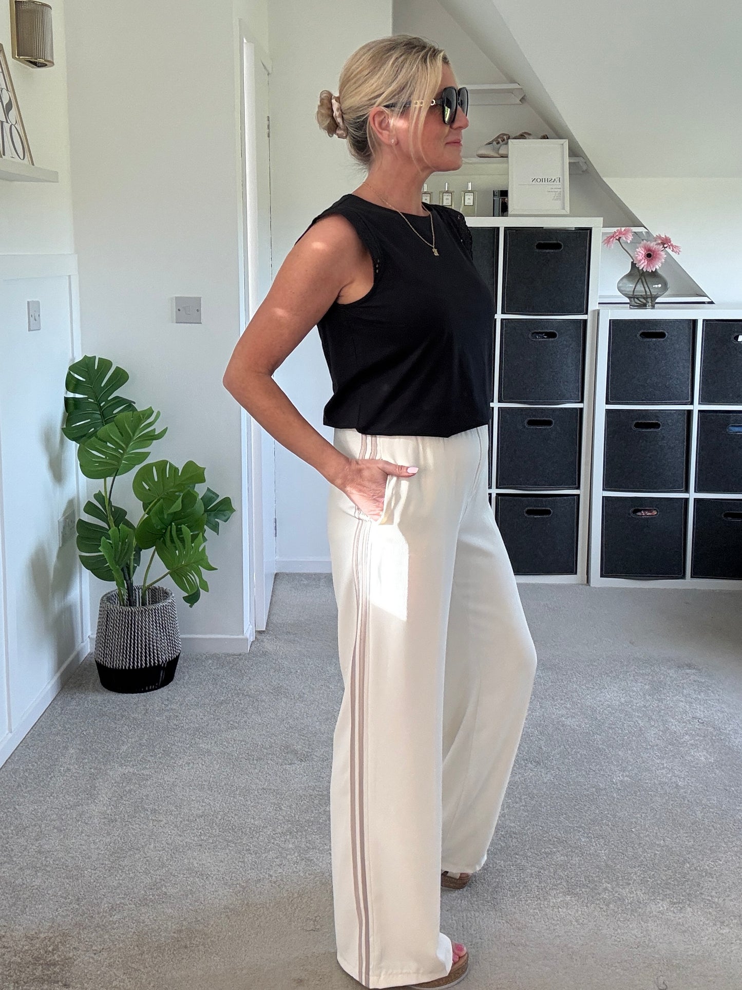 Cream/Mocha Double Stripe Wide Leg Trousers