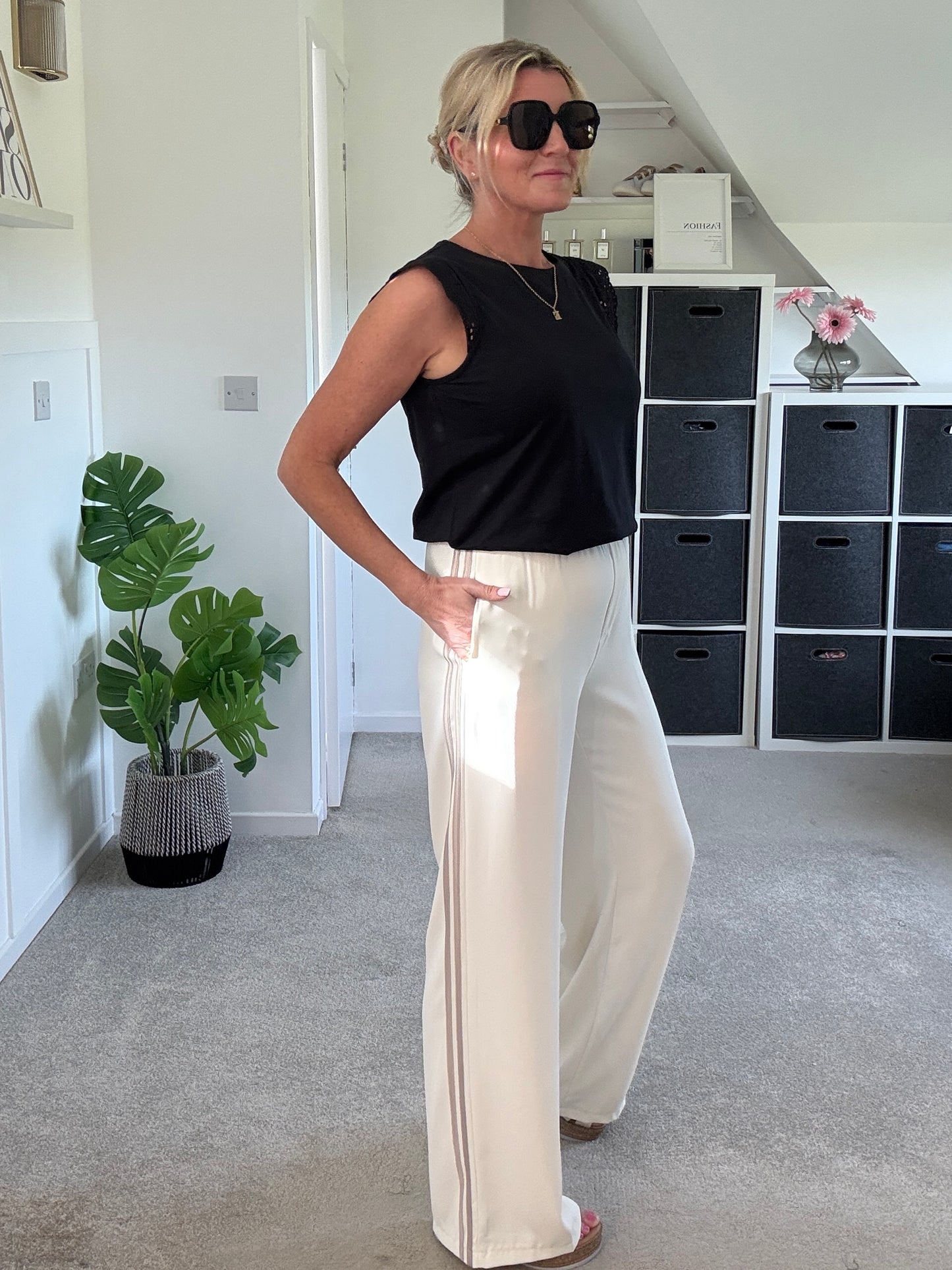 Cream/Mocha Double Stripe Wide Leg Trousers