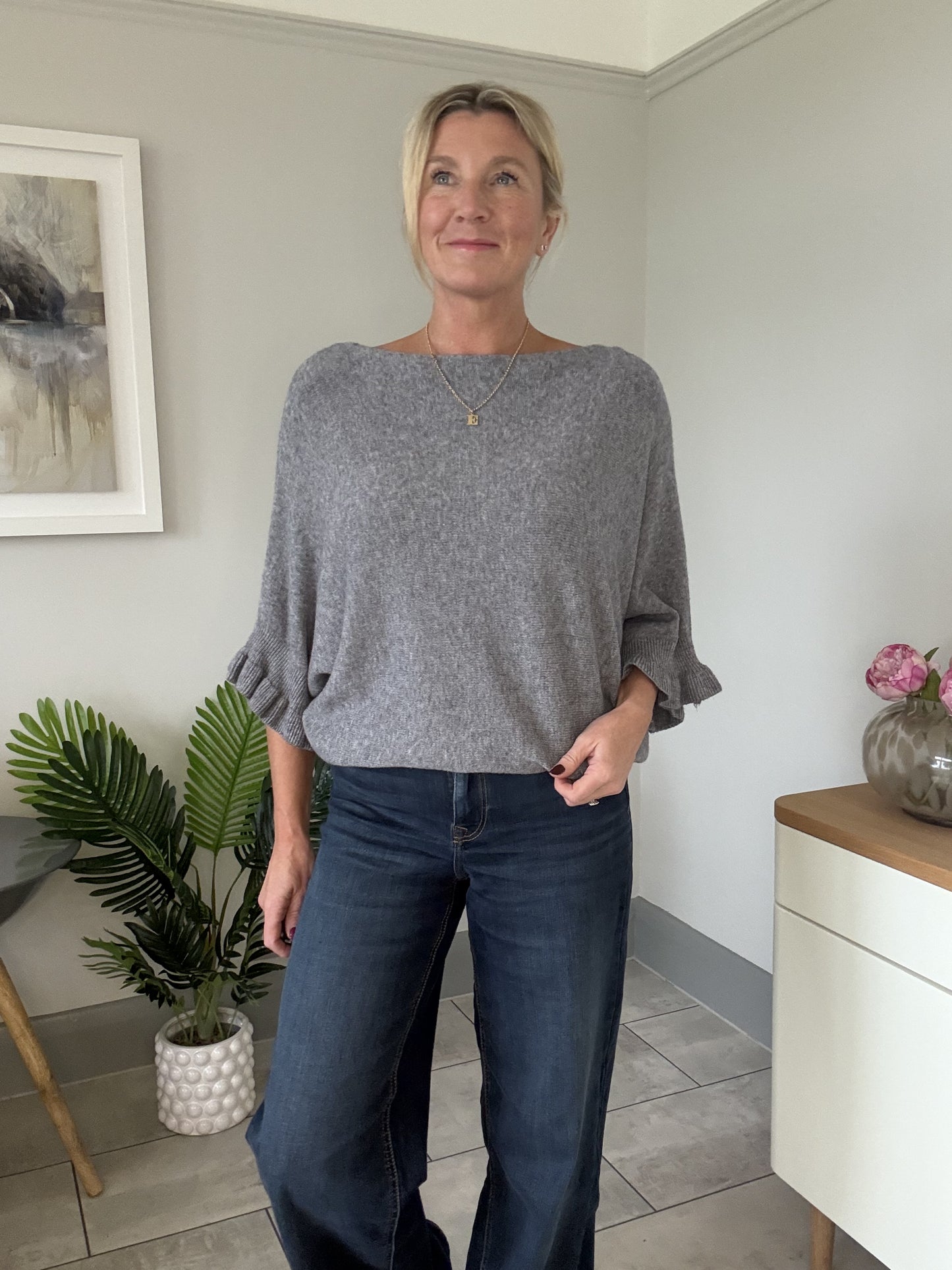 Navy Frill Sleeve Batwing Jumper