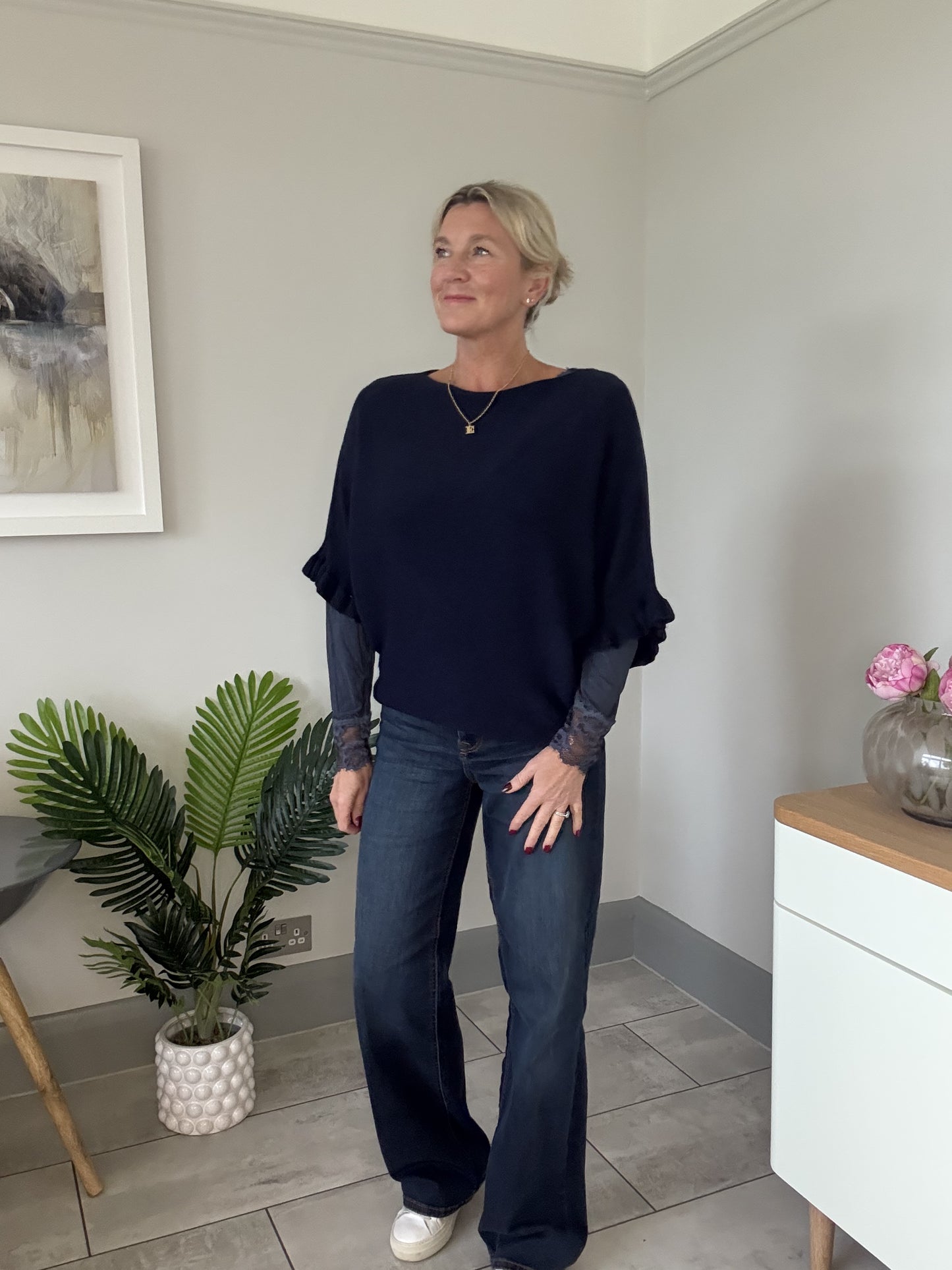 Navy Frill Sleeve Batwing Jumper
