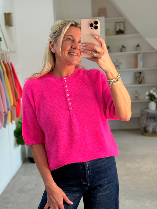 Neon Pink Alpaca Mix Diamanté Button Jumper