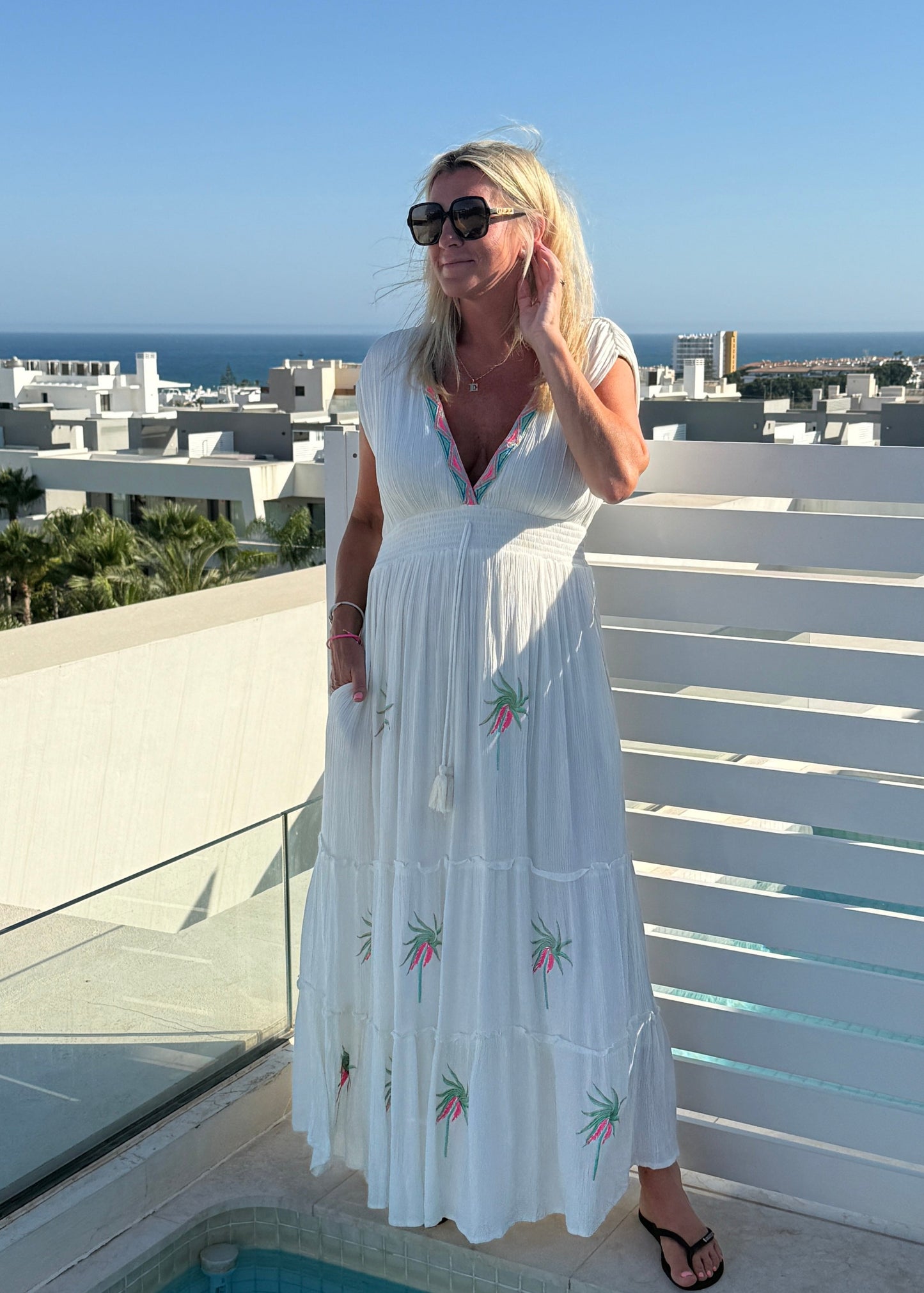 White Embroidered V Neck Grecian Maxi Dress
