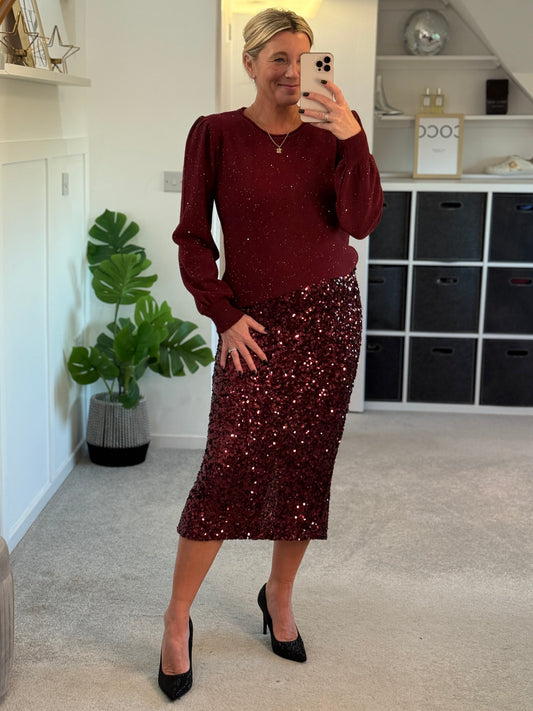 Burgundy Sequin Puff Shoulder Jumper