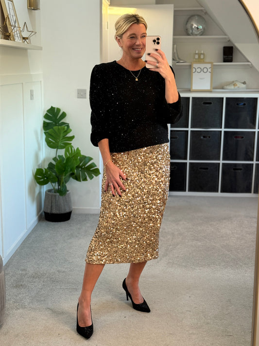 Black Sequin Puff Shoulder Jumper