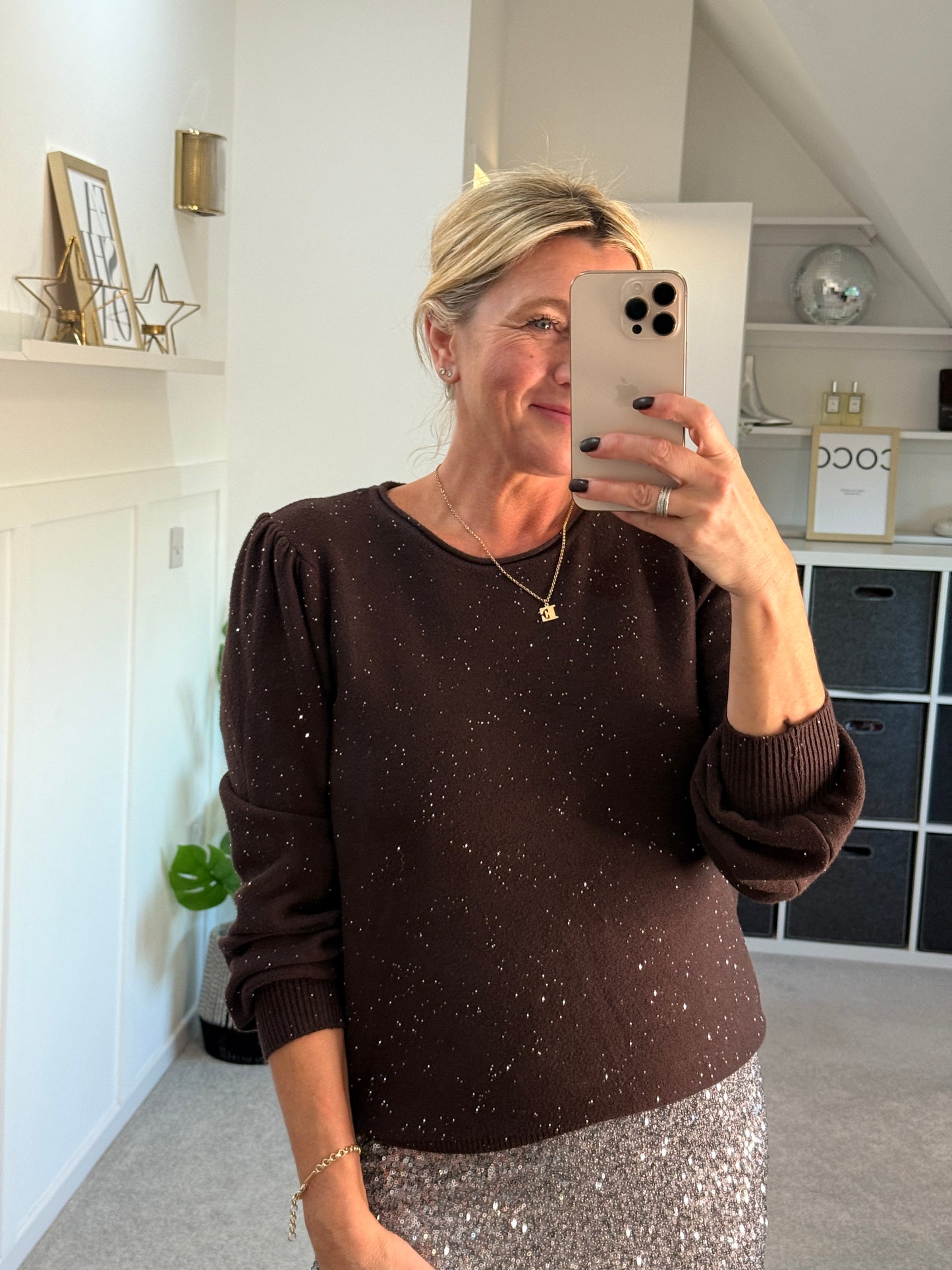 Chocolate Sequin Puff Shoulder Jumper