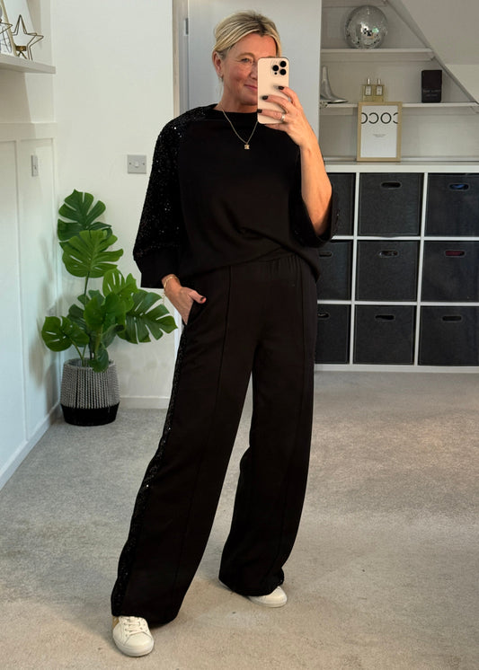 Black Sequin Side Stripe Soft Trousers