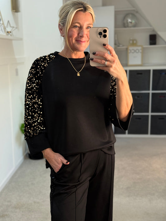 Black/Gold Sequin Sleeve Soft Top