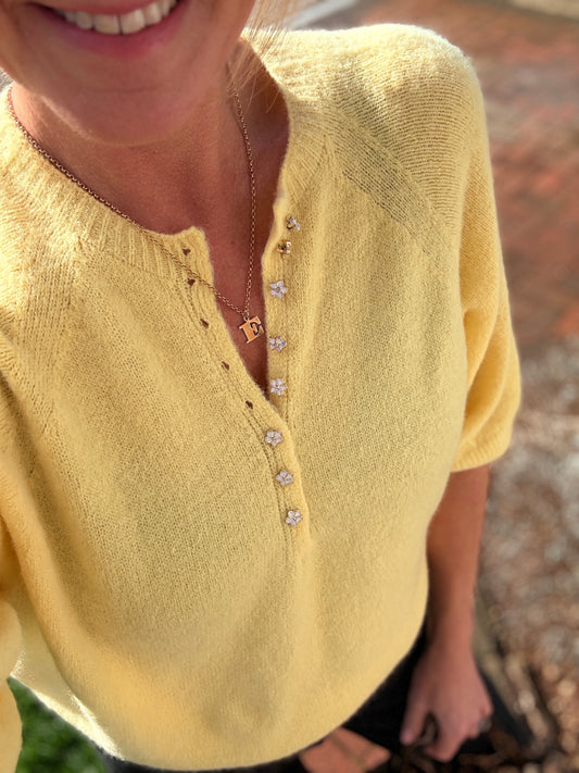 Yellow Alpaca Mix Diamanté Button Jumper