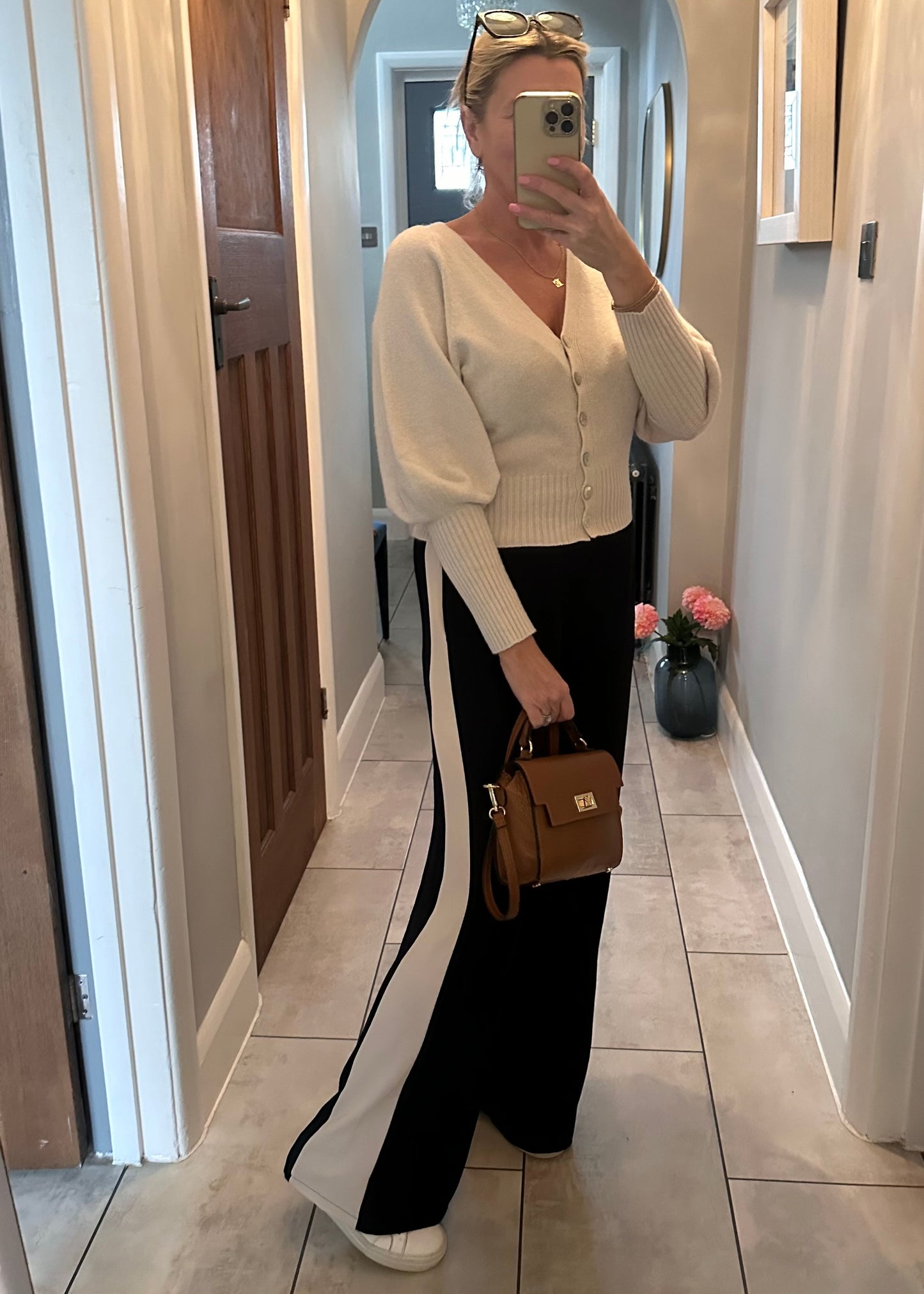 Navy/Beige Stripe Wide Leg Trousers