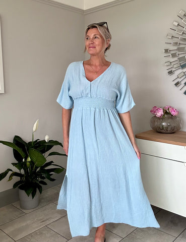Baby Blue Neck Cheesecloth Dress
